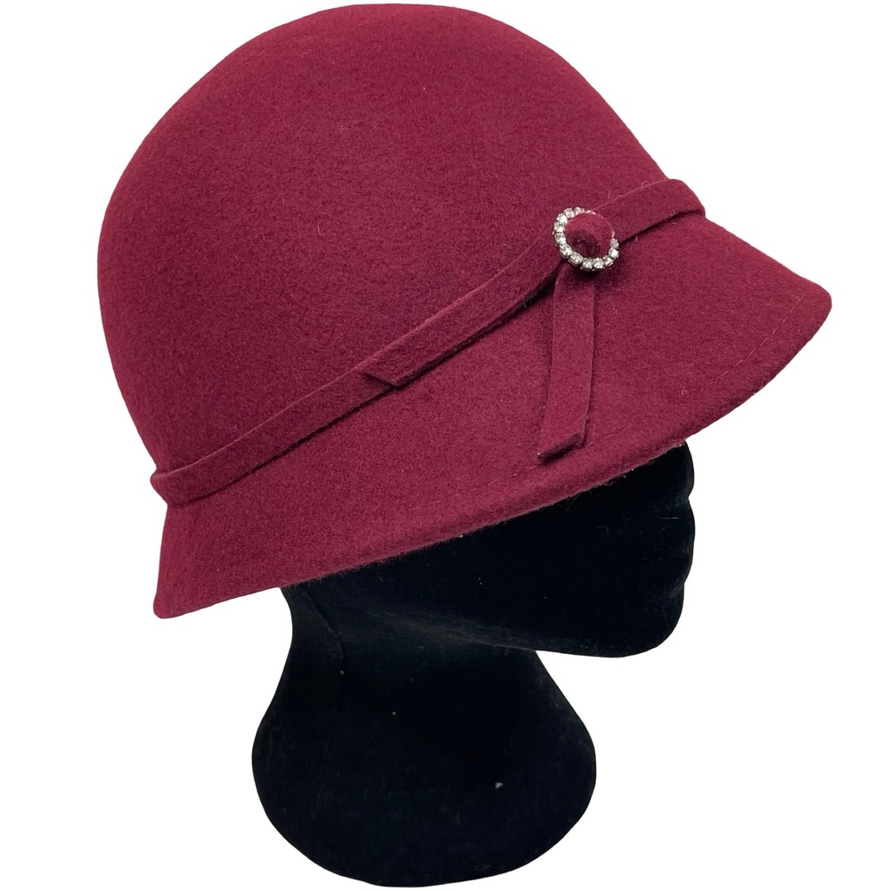 Vintage Scala Pronto Cloche Hat Burgundy 100% Wool Rhinestone Buckle Gatsby